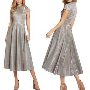 MacDuggal Sparkle Pleated Cap Sleeve Midi Fit & Flare Dress in Silver Size 8